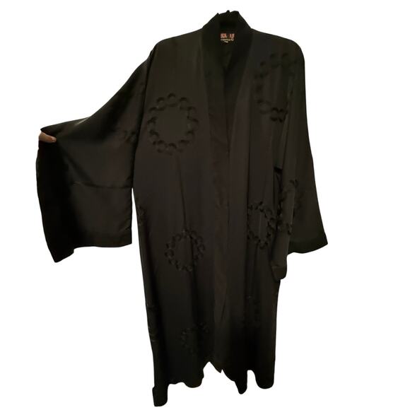 Vintage 70s Abaya Kimono Robe O/S Embroidered Longline Duster Jacket Black - Picture 9 of 11
